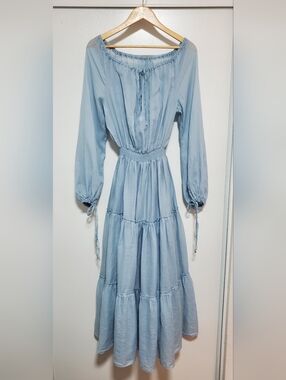 Ralph Lauren Pale Blue Tiered Maxi Dress with Long Sleeves - Ramie Maxi Dress